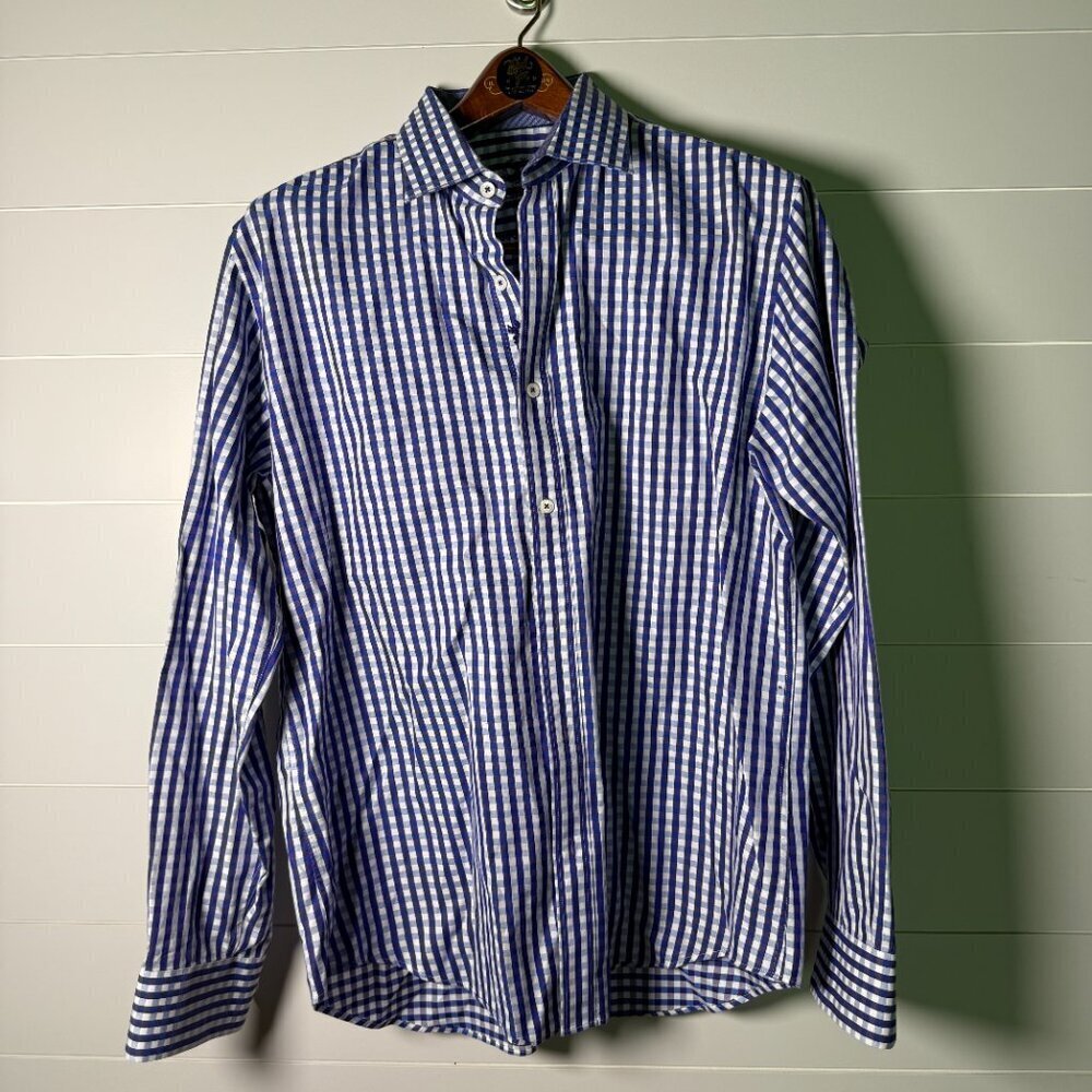 Bugatchi Men's Long Sleeve Button Down Shirt Deep Purple Blue Check